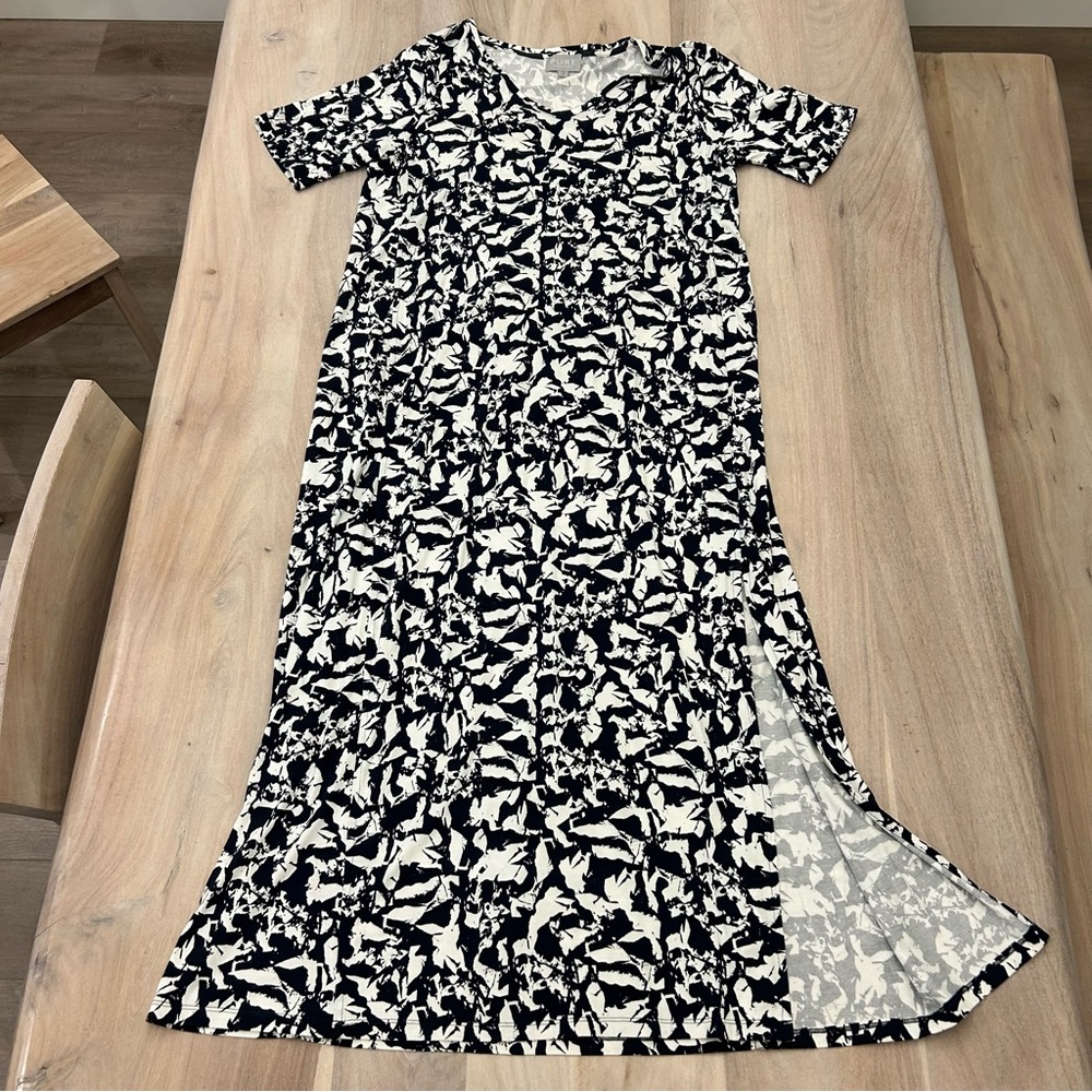Pure Collection Abstract Print Blue White Maxi Dress Slit Short Sleeve Size 12